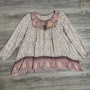 Free People Blouse S Floral Metallic Tassel Peasant Blouse Pink Cream Cottage thumbnail 12