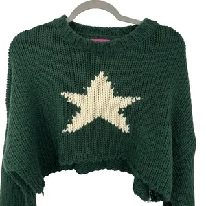Edikted Green Star Cropped Chunky Knit Sweater Crew Neck Long Sleeve Pullover‎ thumbnail 3