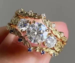 Golden Tone Ring with Diamond Inlaid Size 7 thumbnail 1