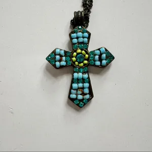 Beaded Cross Necklace in Turquoise Blue thumbnail 2