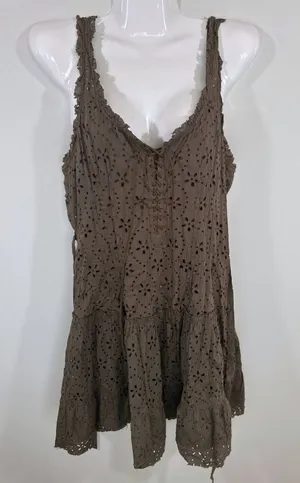 Free People Olive Green Eyelet Lace Up Tiered Mini Dress Size 6 Boho Cottagecore thumbnail 1