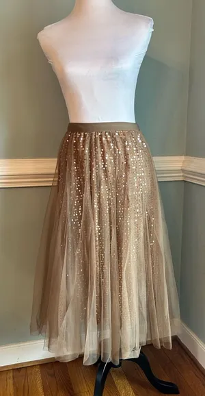 Sequined Tulle Midi Skirt in Light Brown thumbnail 1