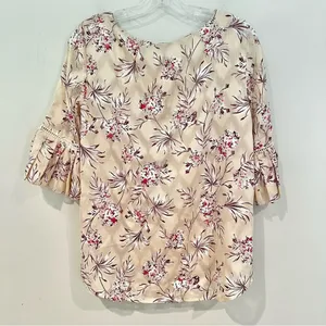 Ann Taylor Ruffle Sleeve Floral Blouse Women's‎ Medium Cream Pink Ladder Lace thumbnail 6