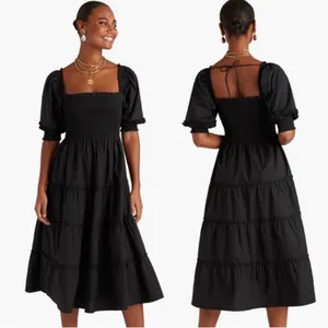 Hill House Nesli Nap Dress Short Puff Sleeve Swiss Dot Tiered Midi Black Small S thumbnail 3