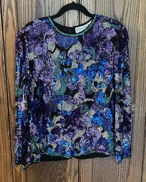 Black Tie Oleg Cassini sequin beaded blouse top VTG‎ teal sparkle cocktail Large thumbnail 1