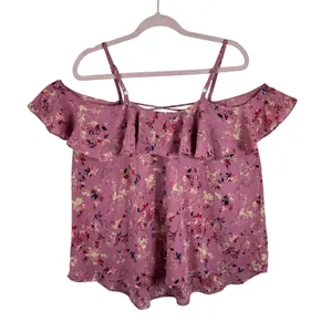 Torrid Georgette Pink Floral Off Shoulder Lightweight Flowy Ruffled Blouse Sz L‎ thumbnail 4