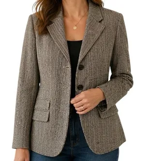 Chaps Herringbone Cream & Black‎ Button Front Blazer thumbnail 1