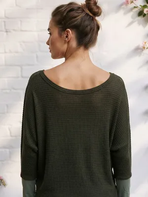 BiBi Olive Green Waffle Knit Dolman Sleeve Top Size Large NWOT thumbnail 10