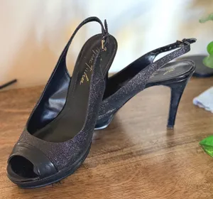 Marc Fisher Slingback Heels Women 8M Black‎ Glitter Peep Toe Platform Pump 5179 thumbnail 1