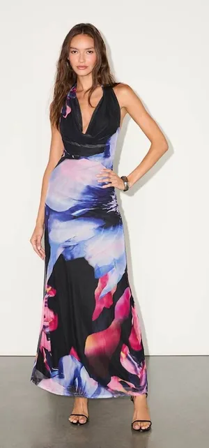 NWT Lulus Rania Black Multi Floral Mesh Backless Maxi Dress Resort Party Gala L thumbnail 1