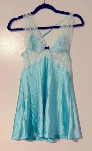 Victoria's Secret 00's vintage aqua silky 100% synthetic lace criss cross back y2k mini slip dress thumbnail 1