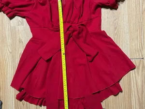 Red Off-Shoulder Tie-Waist flowy dress romper built in shorts. Ladies small thumbnail 4