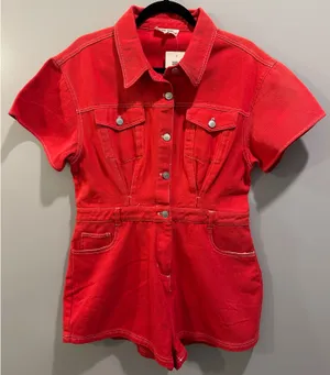Peach Love Button-Down Red Denim Romper thumbnail 2