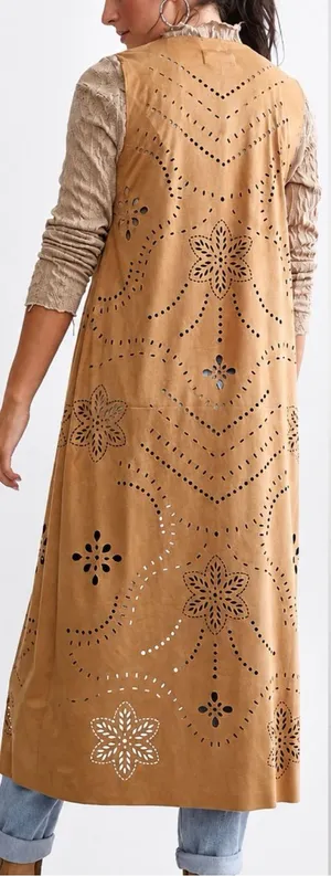 Ariat Magdelena Faux Suede Duster Long Vest Laser Cutout Floral Size Small thumbnail 1