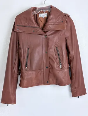 Y2K Vintage Leather Moto Jacket Cognac Brown Pelle Studio Funnel Neck M thumbnail 1