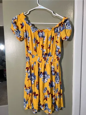Womens Off Shoulder Mini Dress Yellow Burgundy Blue Floral Smocked Elastic Waist thumbnail 6