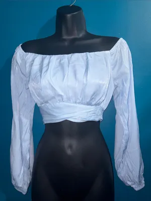 Light Blue Off-Shoulder Crop Top with tie back thumbnail 1