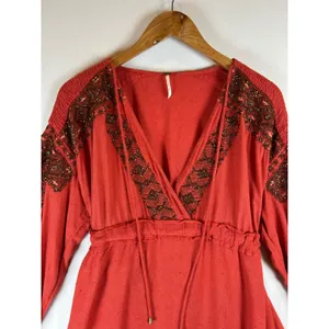 Free People Beaded Boho Tunic Dress Burnt Orange Red Long Sleeve L‎ Peasant Folk thumbnail 7