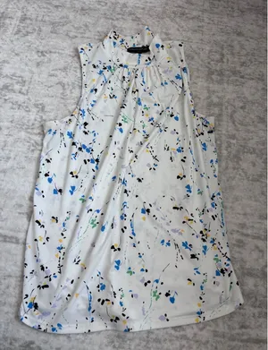 Banana Republic‎ Womens Small White Abstract Floral Mock Neck Sleeveless Blouse thumbnail 1