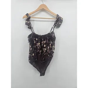 Free People Bodysuit Womens Small‎ Burgundy Floral Lace Trim Ruffle Straps Boho thumbnail 4