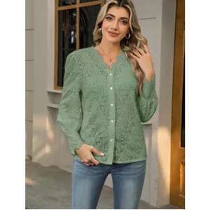 NEW Light Green Lace Tops Blouse Puff Long Sleeve V Neck Button Down M thumbnail 8