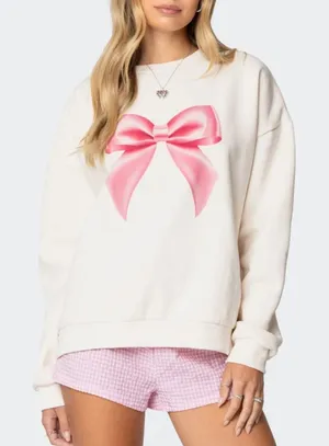 Edikted Cream Bow Brat Printed Sweatshirt NWOT XL thumbnail 1