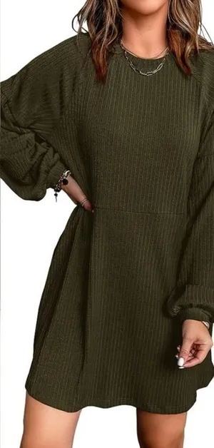 Women's Long Sleeve Medium Olive‎ Green Midi Sweater Dress Ribbed High Waist thumbnail 1