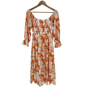 Sugar + Lips‎ Floral Smocked Midi Dress Small Orange White Cottagecore Boho thumbnail 4