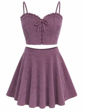 SheIn Y2K Purple Corduroy 2 Piece Lace Up Cami Crop Top Coquette Skater Skirt Medium thumbnail 1
