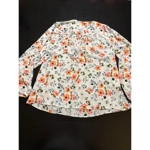 Loft Petites Floral Long Sleeve Tie Neck Blouse Orange Blue White LP thumbnail 5