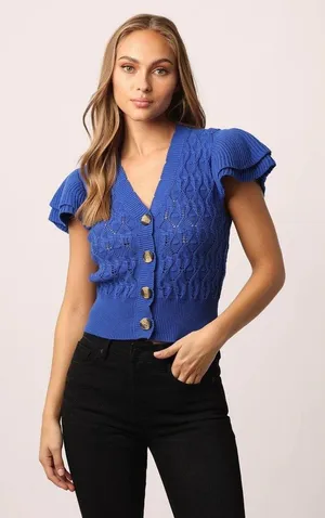 ANOTHER LOVE Size L Pointelle MIRA Flutter Sleeve Cardigan Sweater Cobalt Blue thumbnail 1