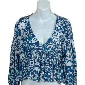 O'Neill Mary Christina Floral Cropped Boho Beach Top Blue Top size L thumbnail 5