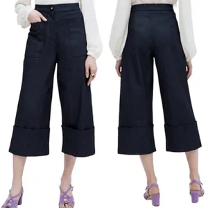 Kate Spade Denim Cropped Wide Leg Blue Indigo Jeans Size 6 Cuffed Patch Pocket thumbnail 2