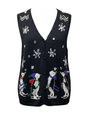 Capacity sweater vest. Winter Penguin scene. Size Medium Black thumbnail 1