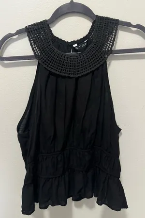 Zara Black Crochet Collar Sleeveless Peplum Blouse Boho crop y2k Top XL thumbnail 1