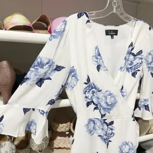 Lulus Pretty Peony Blue and White Floral Print Wrap Dress thumbnail 6