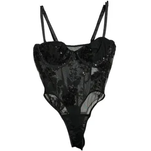 NWT MakeMeChic Sequin Mesh Bodysuit Black Floral Glitter Cami Small thumbnail 5