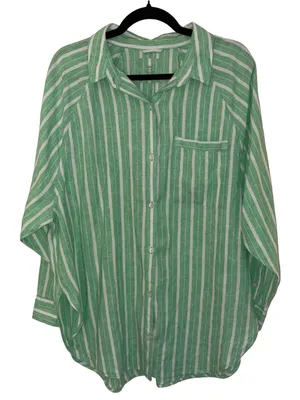 Aerie Pool-To-Party Linen Blend Cover Up Shirt Celebrity Green Stripe M thumbnail 1