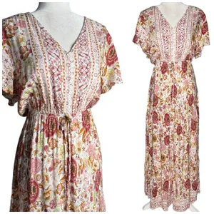 Vivimos Floral Maxi Dress L Prairie Flowy Relaxed Romantic Henley Elastic Waist thumbnail 3