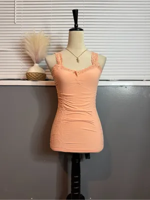 Peach Lace Ruched Fitted Cami Tank Top Small thumbnail 2