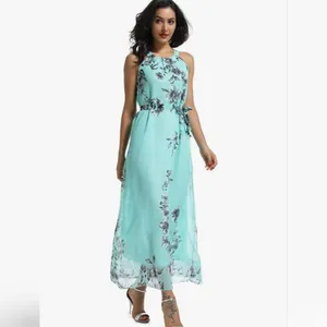 Floral Halter Maxi Dress - Teal, Size M thumbnail 3
