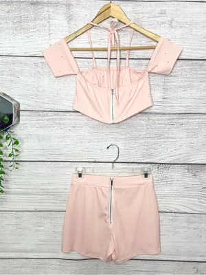 Pink Pearl Two-Piece Set Embellished Off Shoulder Crop Top & Shorts Size Small thumbnail 13