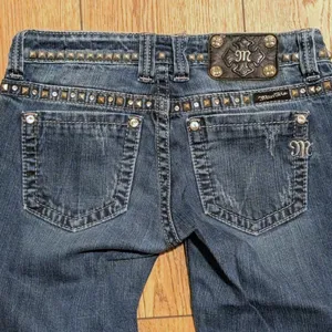 MISS ME Skinny Straight Jeans‎ Womens 25 BLING Studs Rhinestones Crystals Frayed thumbnail 6