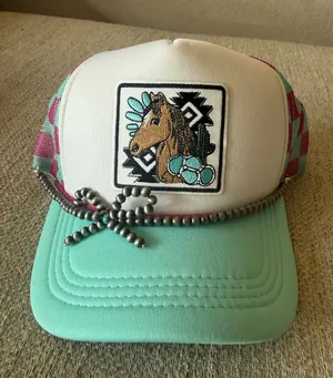 White Trucker Hat with Horse Patch Green thumbnail 1