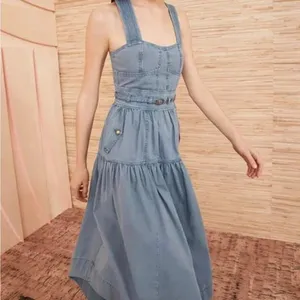 Ulla‎ Johnson Enzo Denim Dress Blue Cotton Tiered Midi Sweetheart Neck Size 4 thumbnail 2
