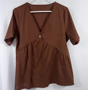 Women’s Brown Wrap Style Babydoll Blouse Size Large Short Sleeve thumbnail 1