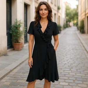 Chelsea28 Womens Dress‎ Size S Black Ruffle Wrap Dress Midi Flutter Sleeve NEW thumbnail 2