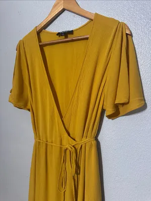 Lulus Much Obliged Golden Yellow Split Sleeve Wrap Maxi Dress L thumbnail 3