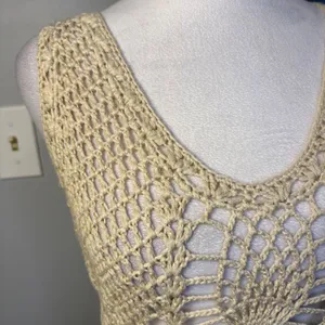 ZARA KNIT Crochet‎ Knit Midi bohemian swim cover Cream Sleeveless V Neck Sheer thumbnail 2