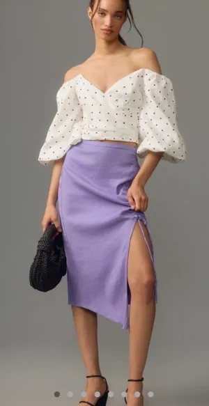 By Anthropologie Ruched Side-Slit‎ Linen Midi Skirt thumbnail 1